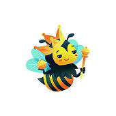 Cartoon character of bee queen in gold crown, flat vector illustration isolated on white background. Honey bee insect mascot or personage for honey products.