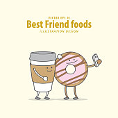 Cartoon character of Coffee, Donut illustration vector on pale yellow background. Best friend foods concept.