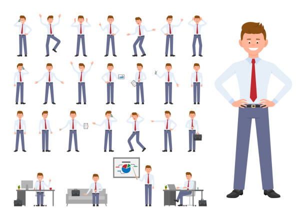 ilustrações de stock, clip art, desenhos animados e ícones de cartoon character of office manager different poses, emotions design set. happy, sad, surprised, angry young man in business clothes standing, sitting on white background - vector - her happy place is with her team