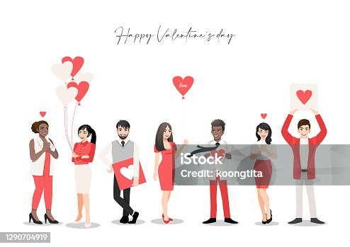 istock Cartoon character with people group holding hearts. Valentine s Day festival. Love and volunteering vector illustration 1290704919