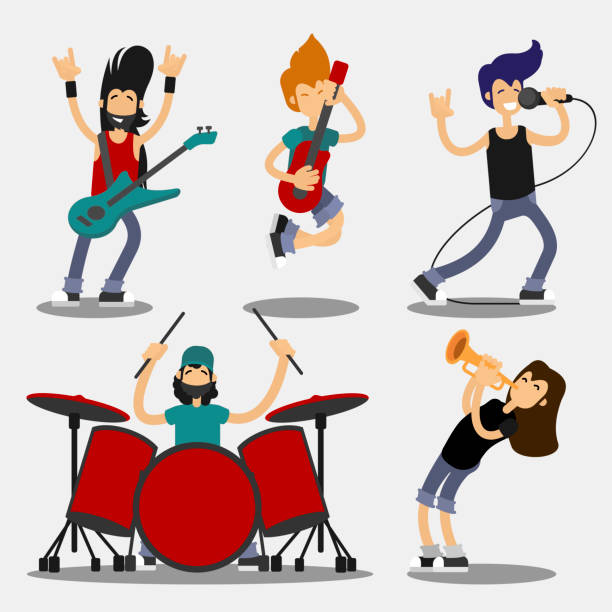 Cartoon Characters People Musicians Icon Set. Vector Cartoon Characters People Musicians Icon Set Include of Singer, Guitarist and Drummer Flat Design Style. Vector illustration rock musician stock illustrations