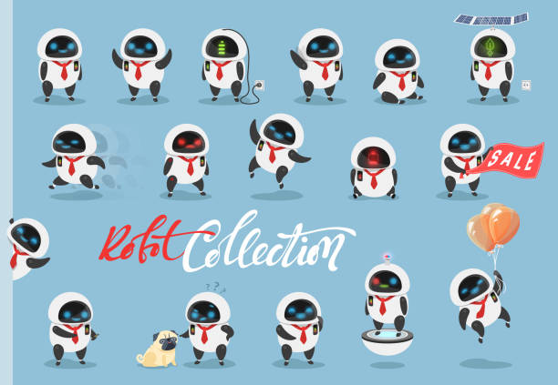 Cartoon characters robots Set of cartoon characters robots. Flat icons robot clipart stock illustrations