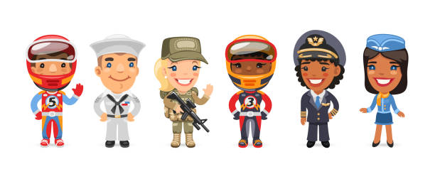 Cartoon Characters with Different Professions A group of people with different professions stand on a white background. Racer, sailor, soldier, aircraft pilot and stewardess. Flat style cartoon characters. military clipart stock illustrations