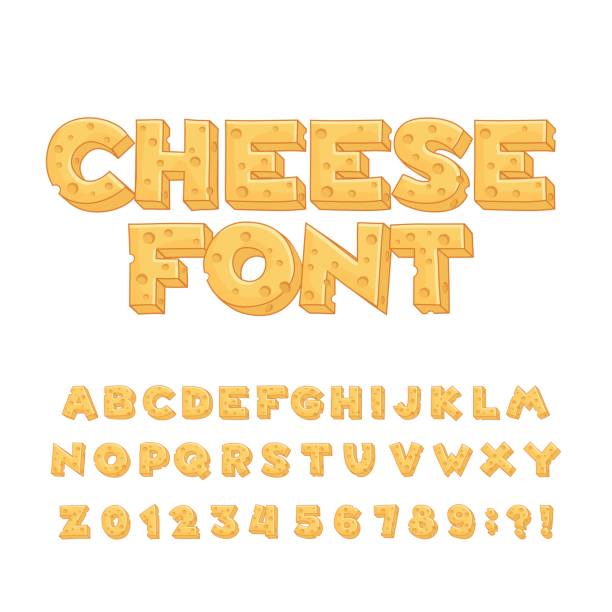 ilustrações, clipart, desenhos animados e ícones de fonte de alfabeto de queijo dos desenhos animados. digite letras, números, símbolos. - cheese
