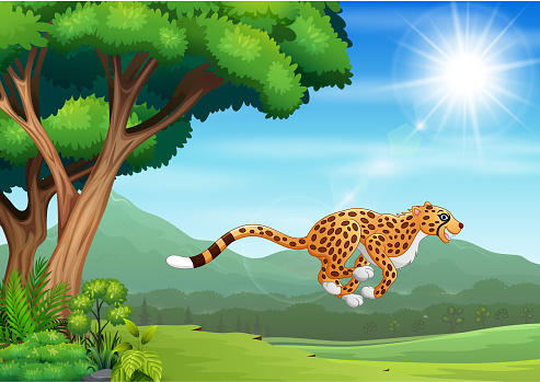Cartoon cheetah jumping in the nature landscape