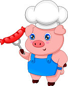 vector illustration of cartoon chef pig and with sausage