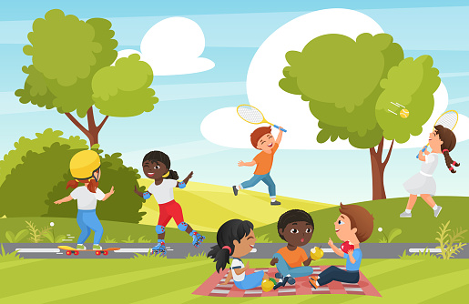 Cartoon children play in summer park or garden landscape
