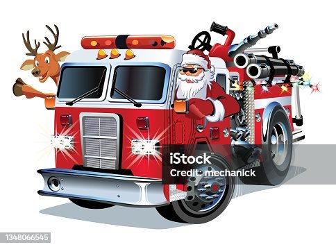 istock Cartoon Christmas firetruck 1348066545