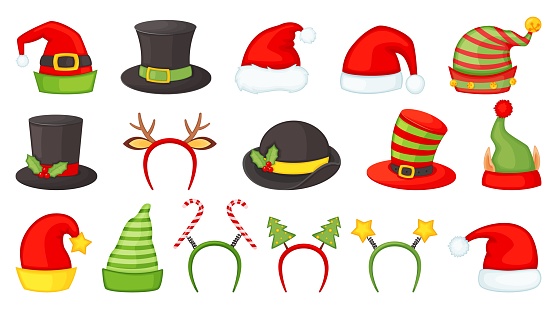 Cartoon christmas hats and headbands for xmas costumes. Santa claus hat, elf and snowman caps, reindeer antlers, winter holiday props vector set