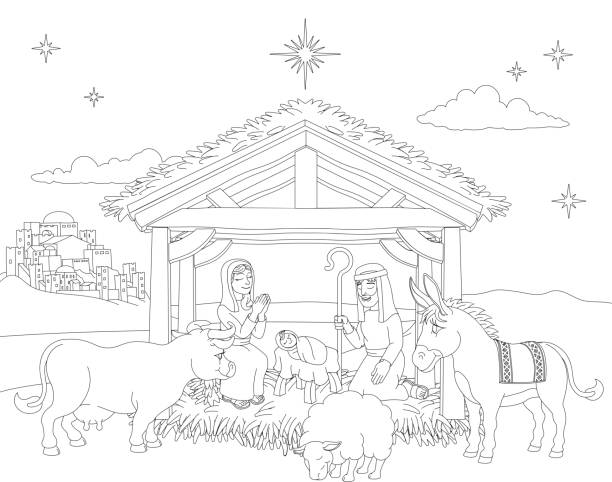 Cartoon Christmas Nativity Scene Coloring A Christmas nativity coloring scene cartoon, with baby Jesus, Mary and Joseph in the manger with donkey and other animals. The City of Bethlehem and star above. Christian religious illustration. christmas coloring stock illustrations