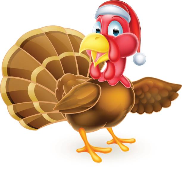 ilustraciones, imágenes clip art, dibujos animados e iconos de stock de dibujos animados navidad santa sombrero pavo ave señalando - thanksgiving diner