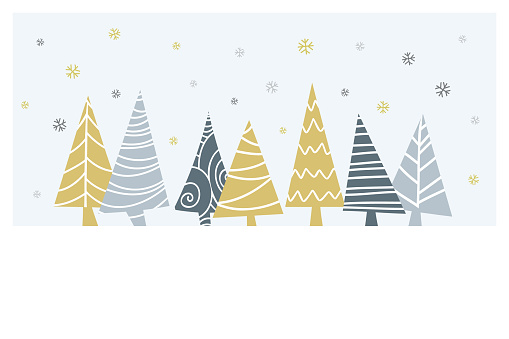 Cartoon Christmas tranquil scene with trees and Christmas ornaments and blank space for your message.