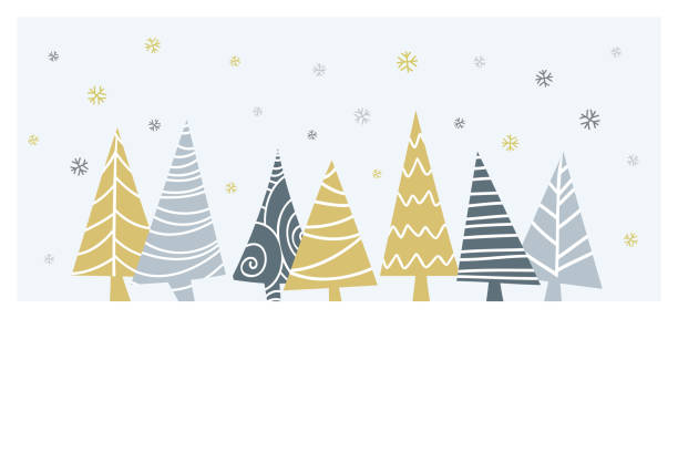cartoon christmas spokojna scena z drzewami i ozdobami świątecznymi i pustą przestrzenią dla wiadomości. - holiday background stock illustrations