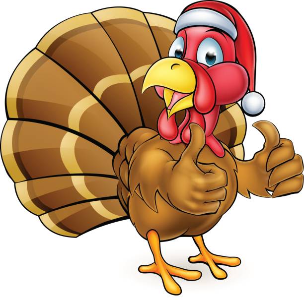 Cartoon Christmas Turkey Bird in Santa Hat Cartoon Thanksgiving or Christmas turkey bird wearing a Santa Claus hat and giving a thumbs up thanksgiving diner stock illustrations