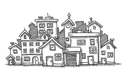 Cartoon City Group Of Buildings Drawing