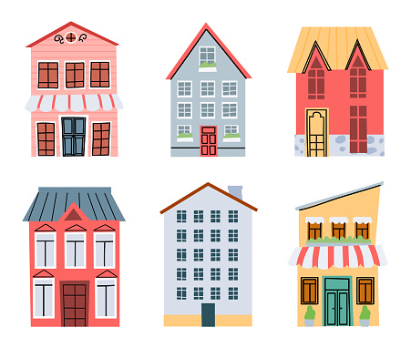 Cartoon city street buildings. Old town architecture with colorful houses, retail shops and cafe exterior. Apartments facade
