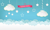 istock Cartoon cloudscape background with stars. Clouds with satin ribbon and bow. Vector illustration. 916882188