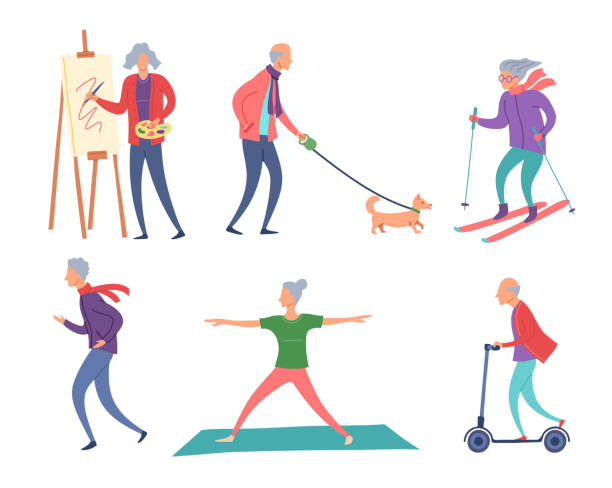 stockillustraties, clipart, cartoons en iconen met de kleurenkarakters van de beeldverhaal actief oud mensen concept. vector - posing with ski