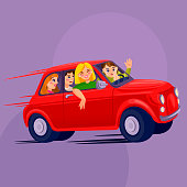 Cartoon Color Characters Group of People Shares Car Concept Flat Design Style. Vector illustration of Carsharing