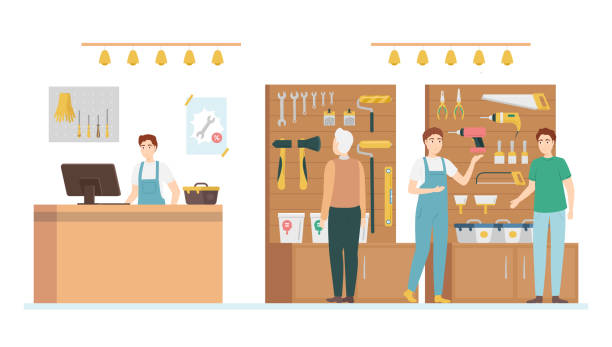Cartoon Color Characters People Customers and Tools Store Concept. Vector Cartoon Color Characters People Customers and Tools Store Concept Flat Design Style. Vector illustration of Seller supermarket backgrounds stock illustrations