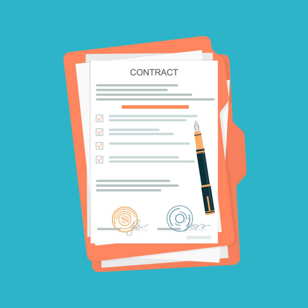 Cartoon Color Contract Papers Document on Clipboard with Pen. Vector Cartoon Color Contract Papers Document on Clipboard with Pen Concept Flat Design. Vector illustration of Signing Agreement agreement stock illustrations