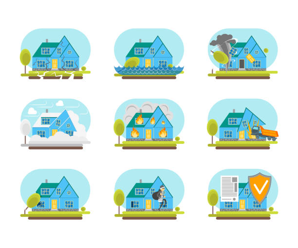 Cartoon Color House Insurance Service Icons Set. Vector Cartoon Color House Insurance Service Icons Set Property Protection Concept Flat Design Style. Vector illustration of Home Icon house fire stock illustrations