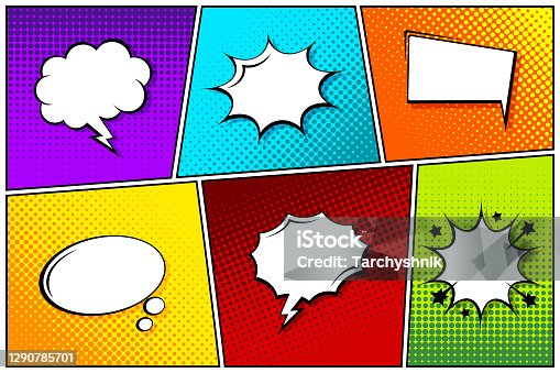 istock Cartoon comic backgrounds set. Speech bubble. Comics book colorful poster with halftone elements. Retro Pop Art style. Vector illustration 1290785701