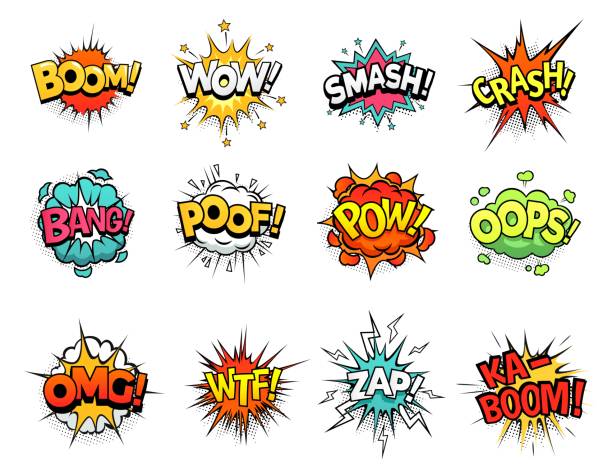 Cartoon comic sign burst clouds. Speech bubble, boom sign expression and pop art text frames vector set Cartoon comic sign burst clouds. Speech bubble, boom sign expression and pop art text frames. Comics mem expressions speech, superhero book bubbles label. Isolated vector symbols set single word stock illustrations