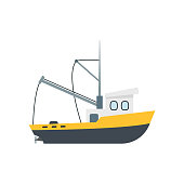 Cartoon Commercial Fishing Industry Ship Isolated on a White Background Element Flat Design Style. Vector illustration