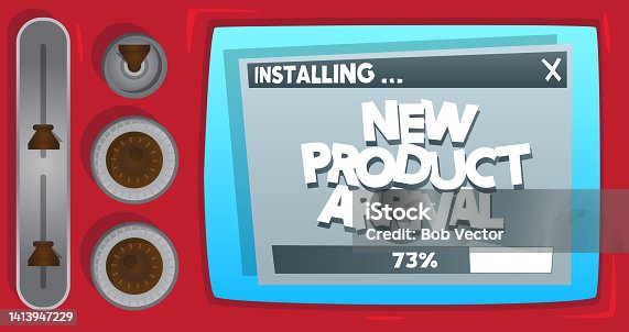istock Cartoon Computer With the word New Product Arrival. Message of a screen displaying an installation window. 1413947229
