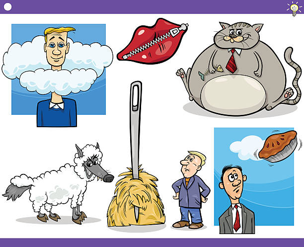 cartoon concepts and sayings set Illustration Set of Humorous Cartoon Concepts or Sayings and Metaphors with Funny Characters wolf in sheeps clothing stock illustrations