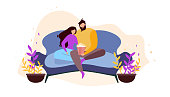 Cartoon Couple at Home Resting on Couch Watching Movie and Eating Popcorn Vector Illustration. Domestic Relax Evening. Man and Woman on Cozy Sofa, Family Leisure Tv Television Entertainment Indoors