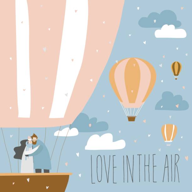 Cartoon couple in love in hot air balloon. Valentines day greeting...