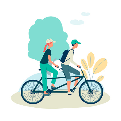 Cartoon couple riding tandem bicycle in summer - young man and woman