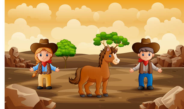 bildbanksillustrationer, clip art samt tecknat material och ikoner med tecknad cowboy och cowgirl med en häst i öknen - desert cowgirl