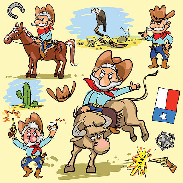 Cartoon cowboy set Cartoon cowboy, hand drawn set of comic characters cowboy hat template stock illustrations