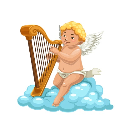 Cartoon cupid angel playing harp on cloud