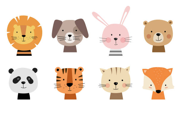 Cartoon cute animals for baby cards. Cartoon cute animals for baby cards. Vector illustration. Lion, dog, bunny, bear, panda, tiger, cat, fox. young animal stock illustrations