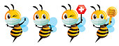 Cartoon cute bee mascot wear protective surgical mask series. Cute bee holding red cross honeycomb sign to protect against bacteria and virus. Vector illustration isolated