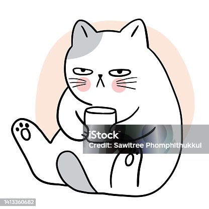 istock Cartoon cute boring cat drink coffee vector. 1413360682