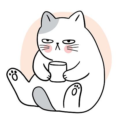 Cartoon cute boring cat drink coffee vector.