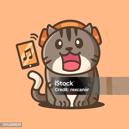 istock Cartoon Cute Cat Listening to Music 1314309829