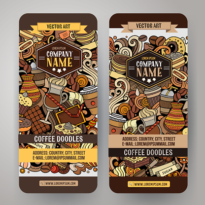 Cartoon cute colorful vector hand drawn doodles Coffee banners