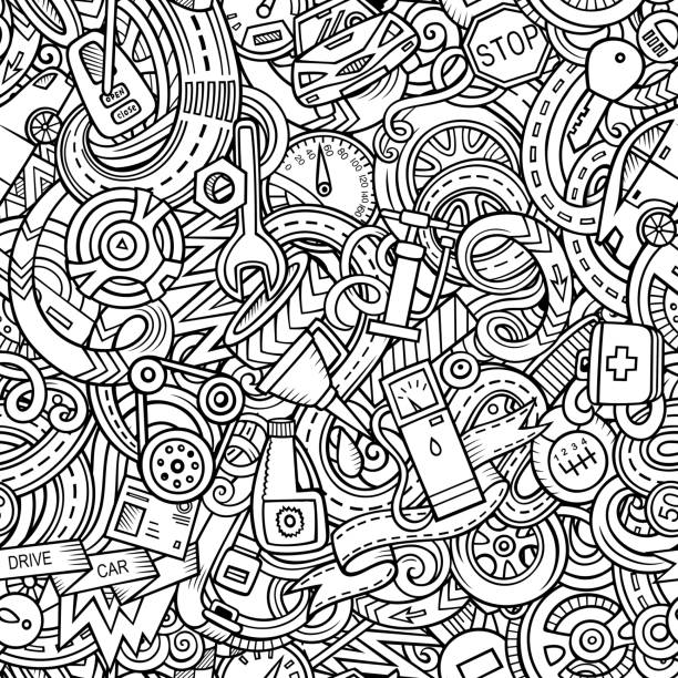 Cartoon cute doodles Automotive seamless pattern Cartoon cute doodles Automotive seamless pattern. Line art detailed, with lots of objects background. All objects separate. Backdrop with car parts symbols and items garage designs stock illustrations