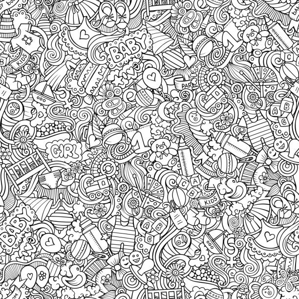 Cartoon cute doodles hand drawn Baby seamless pattern. Cartoon cute doodles hand drawn Baby seamless pattern. Line art detailed, with lots of objects background. Endless funny vector illustration. All objects separate. pregnant backgrounds stock illustrations