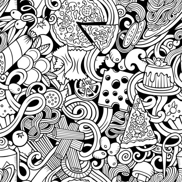 Cartoon cute doodles hand drawn Italian Food seamless pattern. S Cartoon cute doodles hand drawn Italian Food seamless pattern. Sketchy detailed, with lots of objects background. Endless funny vector illustration. All objects separate. pasta backgrounds stock illustrations