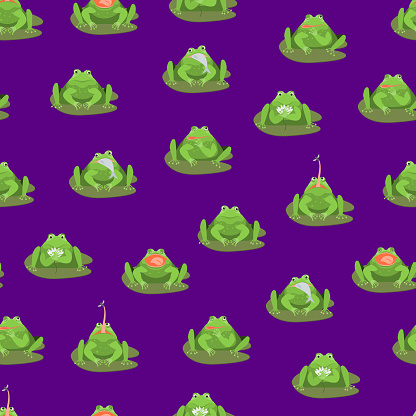 Cartoon Cute Green Frogs Characters Seamless Pattern Background Vector ...