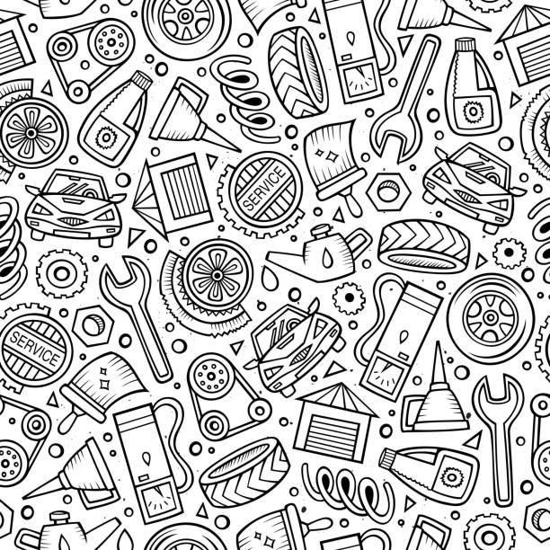 Cartoon cute hand drawn Automotive seamless pattern Cartoon cute hand drawn Automotive seamless pattern. Illustration with lots of elements. Endless funny vector background garage backgrounds stock illustrations