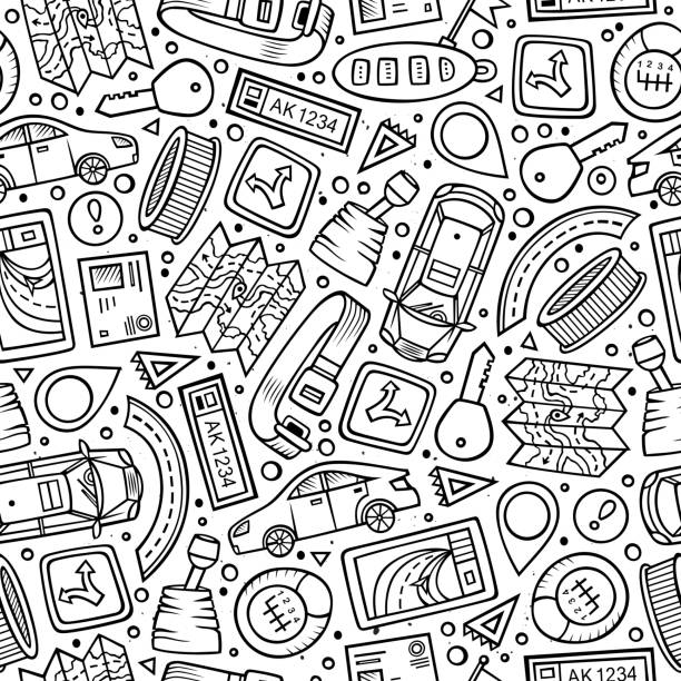 Cartoon cute hand drawn Automotive seamless pattern Cartoon cute hand drawn Automotive seamless pattern. Illustration with lots of elements. Endless funny vector background garage patterns stock illustrations