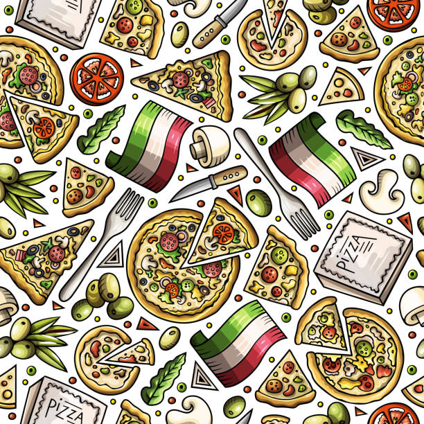 Cartoon cute hand drawn Italian food seamless pattern. Cartoon cute hand drawn Italian food seamless pattern. Colorful with lots of objects background. Endless funny vector illustration. pasta backgrounds stock illustrations